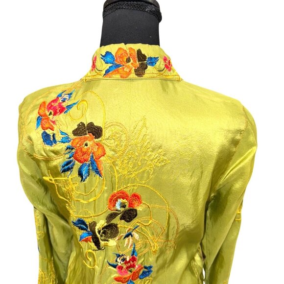 Vintage Inspired Johnny Was Green Floral Embroidered 100% Silk Button-Up Shirt S - Picture 4 of 9